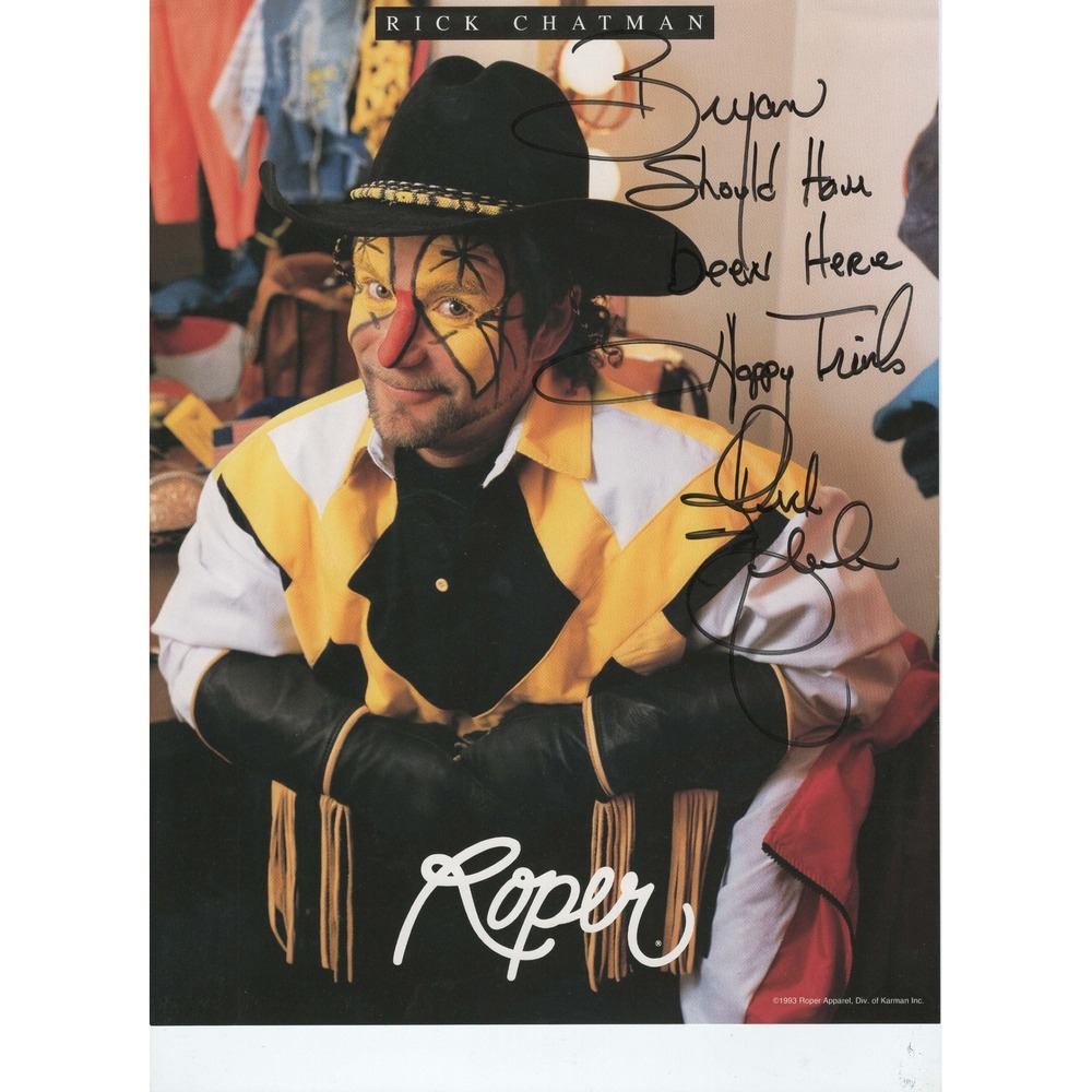 Rick Chatman Autographed Roper Apparel Rodeo Clown Photo 1993 Signed 8.5x11.7